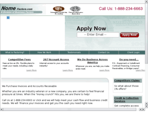 nomefactoring.com: Nome Factors | Invoice Factoring Company Factor Companies Business Invoice Financing Cash Flow Loans Discountings
Accounts receivable factoring, financing, purchasing - Turning your invoices into cash. We provide factoring and credit management services.