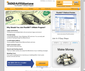 500affiliates.com: Plus500 Official Affiliate Program| 500Affiliates | +500Affiliates™
Plus500 Official Affiliate Program. Join the most profitable field on the internet and start earning money. Promote Plus500 trading platform: Forex trading, stocks trading, commodities trading, indexes trading, ETFs Trading. Be a part of the most valuable forex affiliate program in the net.