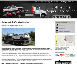 towingservicela.com: Towing Service Hollywood, CA - Johnson’s Super Service Inc.
Johnson’s Super Service Inc. provides Towing Service, Roadside assistance to Hollywood, CA. Call 323-876-6550. Offering Towing Service Since 1971.