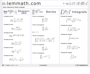 lemmath.info: lemmath.com ::::: Math problems with complete solutions
Math problems with complete solutions. Sequences, series, derivatives, integrals ...