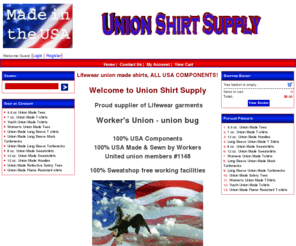 unionshirtsupply.com: Lifewear Union made t-shirts, sweatshirts,  ALL USA COMPONENTS, Unite-Here! union bug, apparel (Powered by CubeCart)
Lifewear union made t shirts, union made sweatshirts, turtlenecks, hoodies, flame resistant shirts,  100% USA components, bulk pricing,  Pottstown, Pa. Worker's United union bug,  484-366-5204, made in usa,   UnionShirtSupply.com