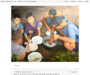 burmesepaintings.org: Maung Maung Tinn - Water Colour Paintings
Maung Maung Tinn-PhotoBlog: I am waiting for..., I arrived here only a few hours ago.
I think it is a safe place.
I should relax, but I can’t.

My grandchildren, my son and his wife will follow me, they said.
They should be here by now.
But I have not seen any of them yet.
Where are they?
Something is wrong with them?

I have started to worry for them.
My grandchildren are always jumping, touching, talking…
They are curious about all the things they see along the way.
How do their parents control them, to keep just walking on the road?
There are so many landmines around this place,
because here there is often combat between Burmese and Karen.

We live in a village that is hours away by walking from this place.
We are poor.
To eat meat every week, is impossible for us.
That’s why
We all enjoyed our dinner yesterday.
We had a chance to eat boar meat that my son caught in the jungle.
We ate.
We chatted.
We laughed.
Unfortunately, our happiness did not last the day.

We finished dinner about eight.
We went to bed one hour later.
But we were all awake soon after, 
as we heard that Burmese soldiers were coming to our village.
I collected a few things I think useful,
and left home helped by two stronger villagers.

This is the boar meat.
I packed it last night and took it from home.
I would like to eat it with my family again, soon.

                                                       Maung Maung Tinn,October 2009

[Acrylic on canvas (30 in x 22 in). 
The photo that inspired this portrait was taken by KWO]