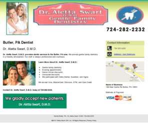 swartdentistry.com: Dentist Butler, PA - Dr. Aletta Swart, D.M.D. 724-282-2232
Dr. Aletta Swart, D.M.D. provides Dentist service , Gentle family dentistry, Evening appointments to Butler, PA. Call 724-282-2232.