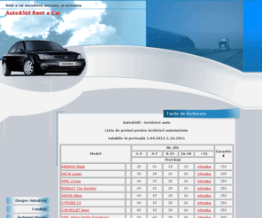 autostil.net: Rent a car Bucuresti Romania - Preturi Inchirieri Masini - Autoturisme
Rent a Car cu Auto&Stil Bucuresti - Agentie de inchirieri autoturisme in Romania. Conditii de inchirieri masini si preturi. Disponibilitate in toata tara, rezervari 24/24, 7/7, accesorii pentru calatorii (harti, scaun copil, GPS, lanturi).