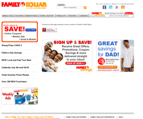 familydollar.com: Family Dollar – Chain of Discount Stores–Quality Products–Low Prices
Shop Family Dollar for discounts and printable coupons on brand name groceries, household cleaners & décor, clothing, seasonal items and more. Store locator online. 