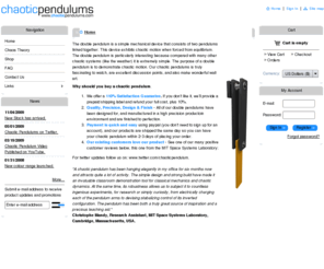 chaoticpendulums.com: Chaotic Pendulums
Purchase a professionally engineered chaotic pendulum from chaoticpendulums.com. A resource for chaos theory and double pendulums demonstrating chaotic behaviour.