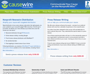 causenetwork.org: Press Release Distribution Services and Press Release Writing
Specializes in press release writing and press release distribution services, distributing your press release online to subscribing journalists. Unlike other press release services, we post all press releases to PR Newswire and to targeted media in your industry.