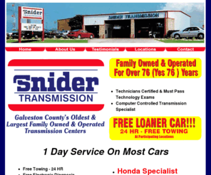 transmissionrepairleaguecity.com: Snider Transmissions - Home
Galveston county's oldest and largest family owned and operated transmission centers