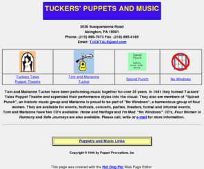 tuckersmusic.com: Tuckers' Puppets and Music
Tuckers' Puppets and Music, where to find Tom and Marianne Tucker and their entertainment services:
</head>     
<body background=