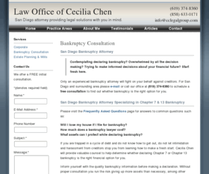 bankruptcylawyersinnj.com: San Diego Bankruptcy Attorney | San Diego Bankruptcy Lawyer | Law Office of Cecilia Chen
The Law Office of Cecilia Chen provides experienced bankruptcy consulting in San Diego and area including a free initial bankruptcy consultation.