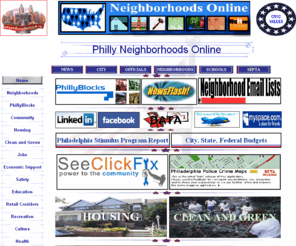 phillyneighborhoods.org: Neighborhoods Online: Philadelphia
The site provides access to information related to building strong neighborhoods,

including community organizing, fund-raising, housing, education, crime, jobs,

welfare to work, health, the environment, and human services.> 
<meta name=