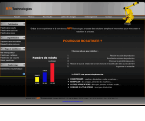 depalettiseur.com: MPI TECHNOLOGIES, intégrateur robot, innove dans la robotique industrielle, robot palettiseur, robot dépalettiseur, robot de soudure, robot de picking etc...Industries :cosmétiques, électronique, agroalimentaire, mécanique, chimie, pharmaceutique ...
MPI TECHNOLOGIES, intégrateur robot, innove avec le robot rénové, rétrofit&eacute. Le robot palettiseur, dépalettiseur, le robot de soudure,le robot de conditionnement. Intégrateur robot MPI TECHNOLOGIES apporte de nouvelles solutions dans les industries : cosmétiques, électronique, agroalimentaire, mécanique, chimie, pharmaceutique ... Secteur bretagne grand-ouest. robot palettiseur