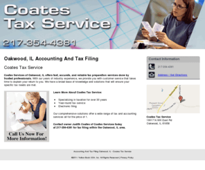 coatestaxserviceil.com: Accounting And Tax Filing Oakwood, IL - Coates Tax Service
Coates Tax Service provides accounting and tax filing and electronic filing services to Oakwood, IL.Call 217-354-4381 now for more information!