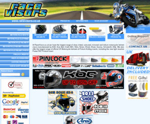 racevisors.co.uk: Motorcycle Helmets, Helmet Visors & Pinlock Antifog Inserts - Free UK Delivery
A Large range of Motorcycle Helmets & Motorbike Helmet Visors. Free UK Delivery, Free Spare visors with many Motorcycle Helmets. Helmet Visors for AGV, Arai, Craft, HJC, KBC, Nitro, Shark, Shoei, Takachi Suomy, X-Lite. Motorcycle Helmets from AGV, ARai, Bell, Shoei, Schuberth, Lazer.