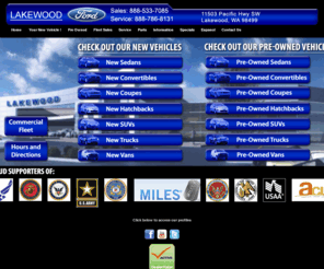 lakewoodford.net: Home Lakewood Ford LAKEWOOD WA
Pierce Countys only 2009 Presidents Award Winner! At Lakewood Ford we carry New and Used vehicles including the Mustang, Escape, Focus, Fusion, Fiesta, and Explorer. All our vehicles are quality inspected and we also have Certified Pre-Owned cars, trucks, CUVs and SUVs. Stop in today and take advantage of our Year End Sales Event!
