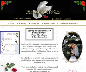 dovesofwhite.com: Home
White Dove Releases for Weddings, Memorials, Special Events and Display in the Sacramento foothills towns of Placer, Nevada and El Dorado counties