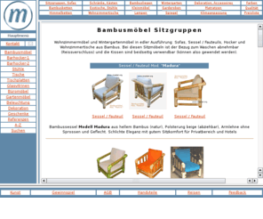 sitzgarnitur.at: Möbel aus Bambus - Bambusmbel Wohnzimmer
Möbel aus Bambus: Sofas, Sessel / Fauteuils, Hocker sowie Sitzgruppen und sonstige Bambusmöbel