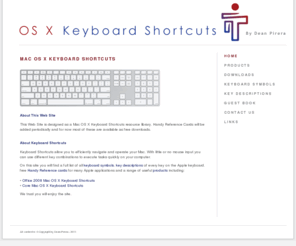 osxkeyboardshortcuts.com: OS X Keyboard Shortcuts | Home
This website presents Mac OS X Keyboard Shortcuts, what they do and how to effectively use them. Keyboard shortcuts are different key combinations that 
provide fast ways to use your computer.