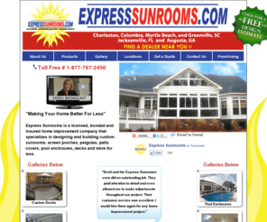 expresssunrooms.com: Sunrooms, Screen Porches, Pool Cages
Free home estimates for sunrooms, screened porches, pool cages and other outdoor enclosures. Serving Charleston, Columbia, Myrtle Beach, Greenville, Jacksonville and Augusta.