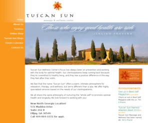 tuscansunwellness.com: Massage and Wellness | Tuscan Sun Wellness Center | Decatur, GA
Tuscan Sun Wellness Center’s focus has always been on prevention and working with the body for optimal health. Our clients/patients keep coming back because they’re committed to healthy living, and they see a positive difference in the way they feel after their visits.