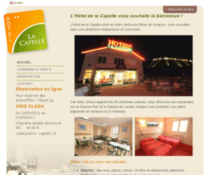 hotel-millau-capelle.com: Hôtel de la Capelle 45 Chambres Centre Ville Millau Aveyron France >  Accueil
Hotel de 45 chambres, dans le centre ville de Millau en Aveyron.  Hébergement petits prix dans le Sud-Aveyron près du Viaduc de Millau.  Réservation en ligne disponible.