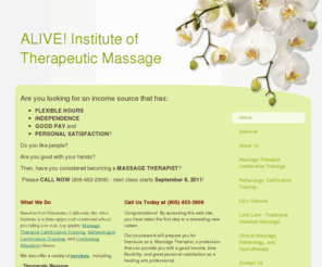 aliveinstitute.com: Massage: Alive Institute of - Home
Massage Therapy is a great career for people who want time flexibility, multiple placement opportunities, and open-ended income potential.  Alive Institute also offers massage, foot reflexology and acupressure to the general public.