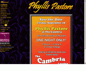 phyllispastore.com: The Official Homepage of Phyllis Pastore
This page provides biographical infomation, critical reviews, calendar and booking information for Cabaret performer Phyllis Pastore