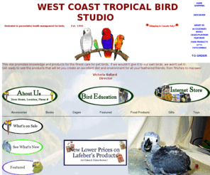 wctropicalbird.com: West Coast Tropical Bird Studio Inc.
tropical pet birds,this site is a complete bird center,selling bird supplies, cages, toys, foods, specialty lines, and more. There is an bird 
education centre covering behavior, nutrition and environment.