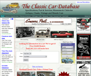 classiccardatabase.com: Classic Car Database, Specifications, Dealers, Parts and Services for Antique Cars, Classic Cars, Vintage Cars and Muscle Cars
Specifications for classic autos, antique cars, vintage cars, old cars and muscle cars - American cars 1910 to 1975 - over 33,000 models.  Includes, engine/transmission data, wheelbase, production nos., VINs, & more.  Also, parts & car dealers, restoration services, car clubs, automotive magazines & transportation museums.