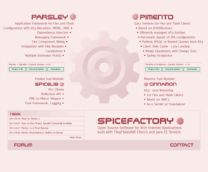 spicefactory.org: Spicefactory
Spicefactory offers open source software for building rich internet applications with flex, flash or air and java ee servers