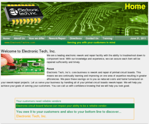 electronictechinc.com: Electronic Tech, Inc. ~ Industrial Electronic Repair
Electronic Tech, Inc. ~ Electronic Tech, Inc’s. core business is rework and repair of printed circuit boards.