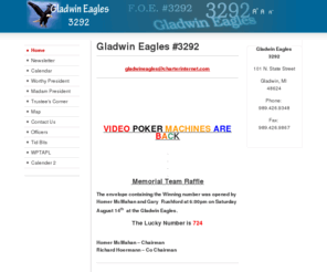 gladwineagles.com: Gladwin Eagles #3292
Gladwin Eagles #3292, Fraternal Order of Eagles Aerie 3292, Gladwin, Michigan.