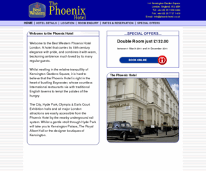 phoenixhotel.co.uk: Phoenix Hotel London | The Best Western Phoenix Hotel London - Kensington, London, W2
Welcome to the Best Western Phoenix Hotel London. A hotel that carries its 19th century elegance with pride, and combines it with warm, beckoning ambience much loved by its many regular guests.  Whilst nestling in the relative tranquillity of Kensington Gardens Square, it is hard to believe that the Phoenix Hotel is right in the heart of bustling Bayswater, whose countless International restaurants vie with traditional English taverns to tempt the palates of the hungry.  The City, Hyde Park, Olympia & Earls Court Exhibition halls and all major London attractions are easily accessible from the Phoenix Hotel by the nearby underground rail system. Whilst a gentle stroll through Hyde Park will take you to Kensington Palace, The Royal Albert Hall or the designer boutiques of Kensington. 