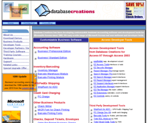 databasecreations.com: accounting software, Inventory Management, Barcoding and Developer Tools for Microsoft Access
Accounting software and Microsoft Access development tools at Database Creations, Inc. Your source for open source code accounting software, point of sale, inventory, barcoding, and developer tools for Microsoft Access.