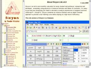 sicyon.com: Sicyon = freeware scientific (VBScript/JScript) calculator   database   units conv.   solver
Sicyon is a freeware sci/eng all-in-one software tool - expression calculator, database, units convertor, solver