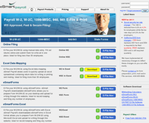 esmartforms.com: eSmart Payroll Tax Software Filing - efile form 1099 MISC 1099C W2 W2C 940 941 DE6, e-file corrections
eSmart Payroll Software offers online electronic efile for IRS Tax forms W2 W2-C 940 941 1099 MISC 1099-C DE6 and e-file electronic filing corrections services.  eSmart Payroll software specializes in online tax filing and efile solutions for form W2 1099 940 941 DE-6 and other Payroll Solutions.