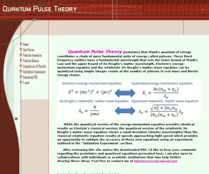 quantumpulsetheory.com: 
Extending the principles of relativity and quantum mechanics, Quantum Pulse Theory is an illustrative, conceptual theory describing particle formation, particle stability, and particle motion based on a fundemental unit of energy called a pulson.  