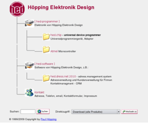 hed-programmer.de: hed-programmer: Elektronik von Höpping Elektronik Design
Produkte: Universal Programmiergerät hed.chip, EPROM Löschgerät, Atmel Microcontroller