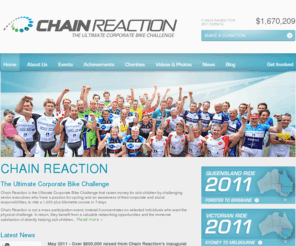 chain-reaction.org.au: Chain Reaction - Ultimate Corporate Bike Challenge - Australia - Home
Chain Reaction is the Ultimate Corporate Bike Challenge that raises money for sick children by challenging senior executives who have a passion for cycling and an awareness of their corporate and social responsibilities, to ride a 1,000 plus kilometre course in 7 days.