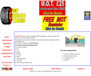 tyres4u.net: TOP TREAD TYRES, Rotherham and Sheffield, new and used tyres
Top Tread Tyres. Garage services in Rotherham, South Yorkshire. MOT servicing exhaust and tyres.