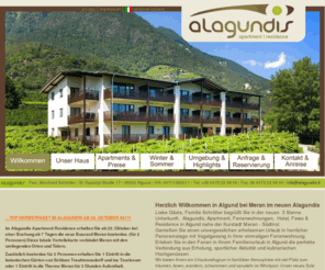 alagundis.com: alagundis - ferienwohnungen algund - apartment residence - willkommen in algund bei meran
Il Residence Appartamenti alagundis è situato in posizione collinare tranquilla sopra il centro di Lagundo con vista panoramica su Merano.
La nostra struttura è caratterizzata da linee chiare. Il design moderno con colori caldi molto piacevoli, in combinazione con legno di larice naturale, garantisce agio e comodità.