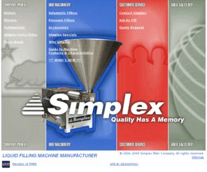 simplexfiller.com: Simplex Filler Company - World leader specializing in customer-specific liquid filling machines.
Simplex specializes in building customer-specific machines. Volumetric or pressure liquid filling machines designed around the customers' products and containers.