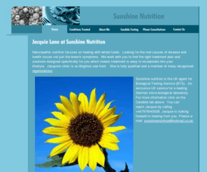 sunshinenutrition.biz: Sunshine Nutrition Biological Testing Service
Nutritional therapists. Candida testing.  Nutrition.  Diets.  Digestive Issues.  food allergys.  Natropathy. Brighton