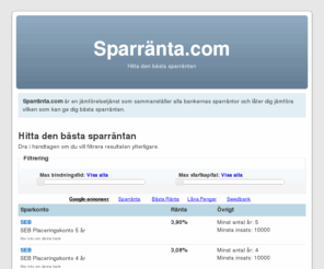 xn--sparrnta-4za.com: Sparränta.com |  Hitta den bästa sparräntan
Sparränta.com är en jämförelsetjänst som sammanställer alla bankernas sparräntor och låter dig jämföra vilken som kan ge dig bästa sparräntan.