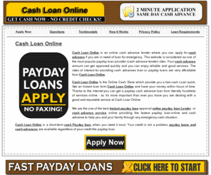 cashloanonline.biz: Cash Loan Online provide you online instant payday loan upto $1500 cash.
Cash loan online | Cash loans online | Cashloanonline