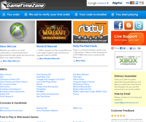 gametimezone.com: Buy WOW, XBOX Live & Other Pre-Paid Cards Online at Game Time Zone - Email Delivery
We sell WOW, EVE-Online, Xbox Live, Nexon Cash & 100s of more pre-paid cards fast and online with Paypal and Google Checkout.  Get your code in minutes over email.
