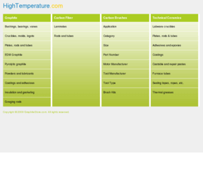 hightemperature.com: Welcome to HighTemperature.com - supplier of graphite, carbon-fiber and ceramic products and materials.
Online inventory of carbon, graphite and ceramic based products. 
Store includes: graphite plates, rods and tubes; high temperature adhesives, epoxies and coatings; 
dry graphite lubricants; carbon fiber rods, tubes and laminates; EDM graphite; carbon rods, bushings and bearings; 
graphite crucibles and molds; graphite insulation; ceramic ropes, tapes, etc.