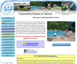 chelmsfordswimandtennis.org: Chelmsford Swim & Tennis - Chelmsford, MA 01824 - 978-256-2222
Official Website of The Chelmsford Swim and Tennis Club located at 133 Robin Hill Road in Chelmsford, Massachusetts.