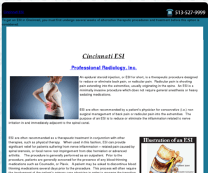 cincinnatiesi.com: Cincinnati ESI, A Spinal Procedure for Back and Leg Pain
To get an ESI in Cincinnati, you must first undergo several weeks of alternative theraputic procedures and treatment before this option is considered.