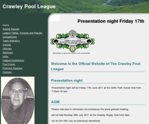 poolstatistics.co.uk: Crawley Pool League
Providing information on competitions, fixtures, league tables and results for the Crawley (West Sussex UK) Pool league.